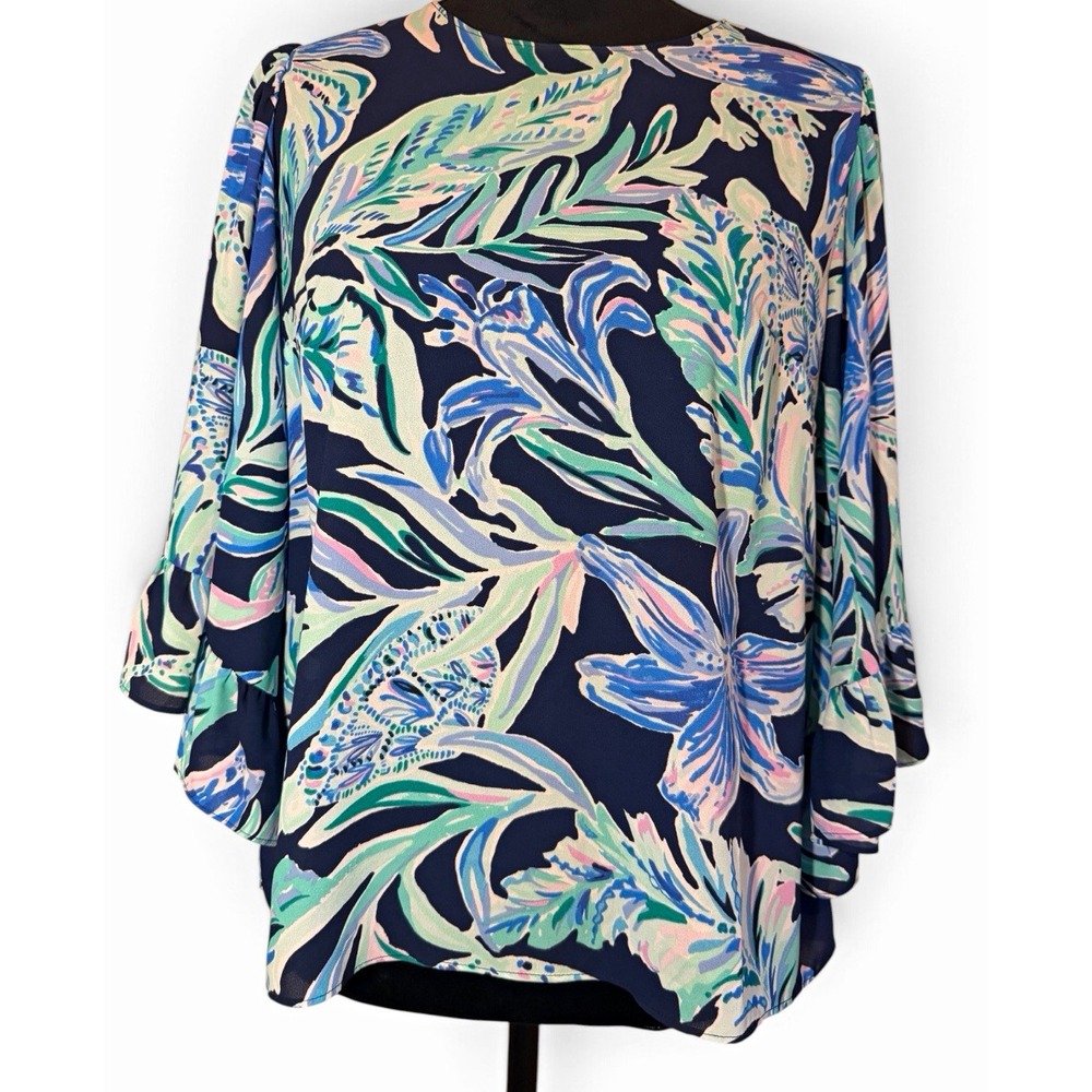 Lilly Pulitzer Francis Top Navy Blue Round Neck Bell Sleeve Blouse S preppy chic